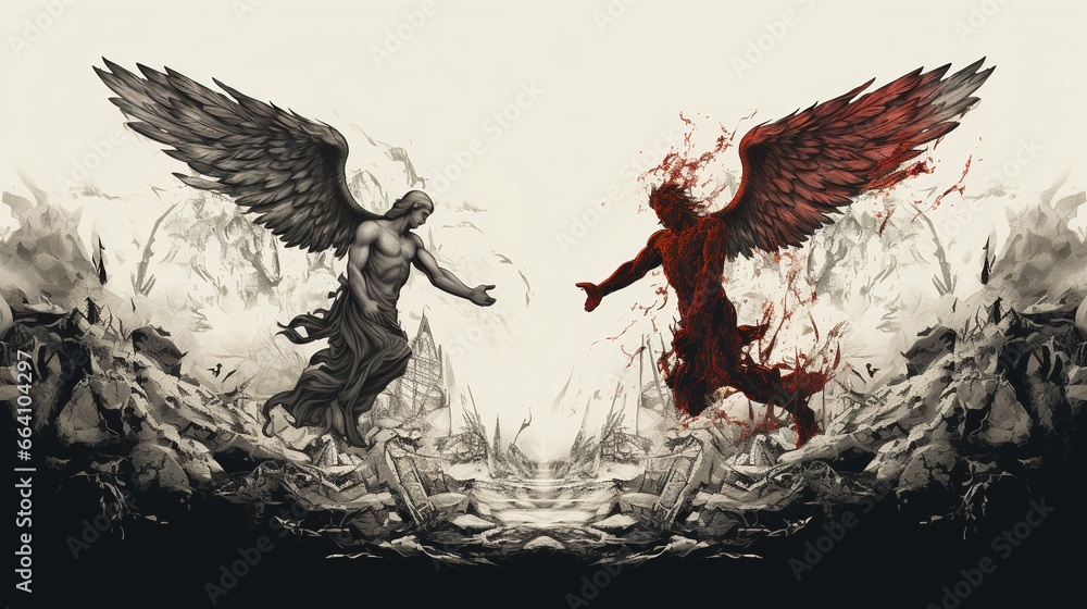 two angels are in flight and in battle with one another. Fantasy concept , Illustration painting. - obrazy, fototapety, plakaty 