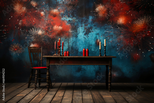 Fire work, blue and red color background, copy space, empty space. AI generative