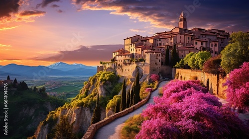 European Village landscape, from the coastal charm to scenic vineyards and historic villages, culminating in a serene sunset. Celebrate the timeless essence of European countryside. photo