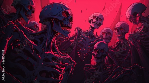 skeletons horde on a background with red light. Fantasy concept , Illustration painting.