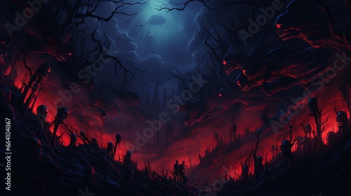 demonic creatures in a dark, evil dark forest covered with dark trees and glowing red fire. Fantasy concept , Illustration painting.