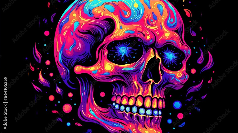 Colorful neon skull with glowing eyes on a black background. Fantasy concept , Illustration painting. Colorful neon skull with glowing eyes on a black background. Fantasy concept , Illustration painting.