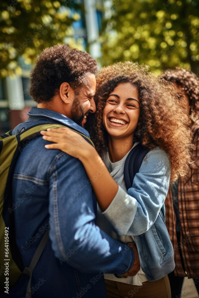 Obraz premium Teenager leaving to a college is hugging parents for goodbye