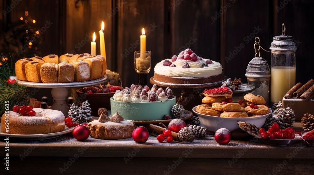 Festive table with pastries and cakes. Generation AI