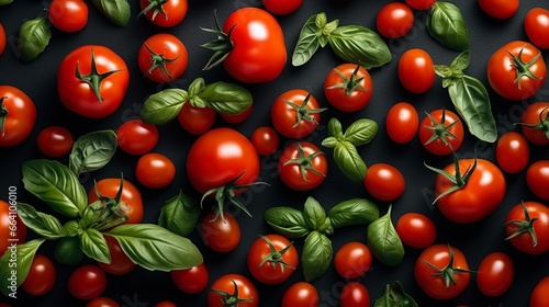 Fresh tomatoes and basil - food pattern. Cooking background. Food cooking concept.