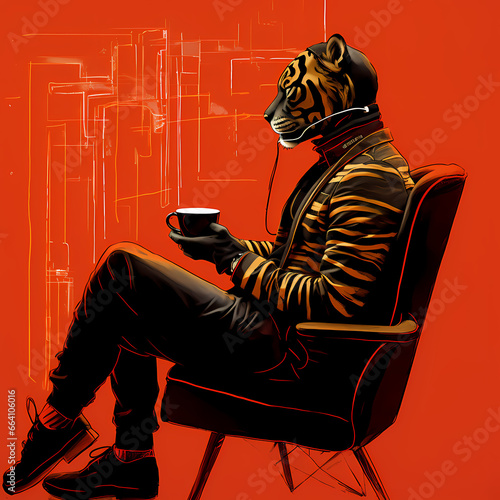 tiger sitting on a chair and drink coffee