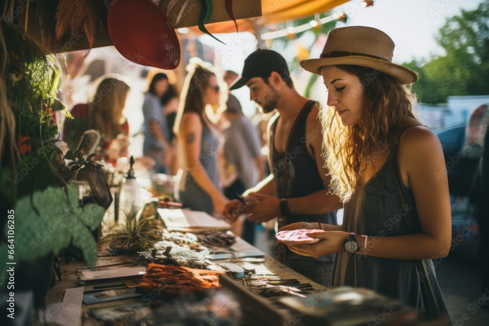 Lifestyle shots of people enjoying a vegan lifestyle, including shopping at farmers' markets and choosing eco-friendly products. Generative Ai Lifestyle shots of people enjoying a vegan lifestyle, including shopping at farmers' markets and choosing eco-friendly products. Generative Ai