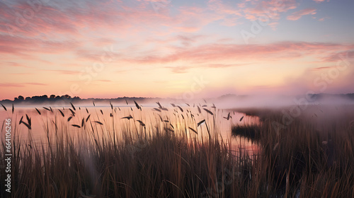 a coastal marshland, with tall reeds, still waters, and a palette of soft, pastel colors during a peaceful sunrise, showcasing the serene beauty of wetland landscapes