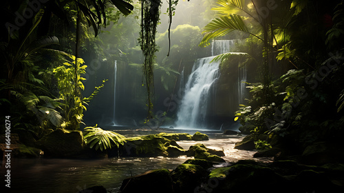 a hidden tropical waterfall in a lush rainforest, with cascading water, vibrant green foliage, and the play of light and shadow, capturing the allure of exotic destinations