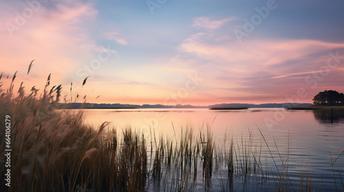a coastal marshland  with tall reeds  still waters  and a palette of soft  pastel colors during a peaceful sunrise  showcasing the serene beauty of wetland landscapes