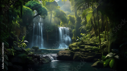 a hidden tropical waterfall in a lush rainforest  with cascading water  vibrant green foliage  and the play of light and shadow  capturing the allure of exotic destinations