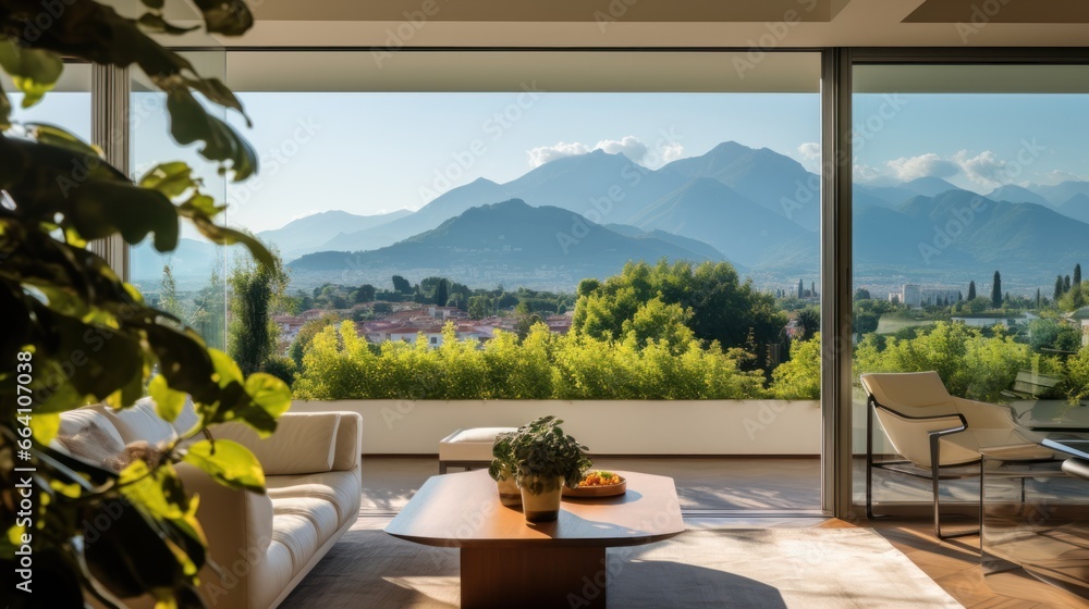 Obraz premium View from modern apartment to breathtaking mountain landscape with vegetation
