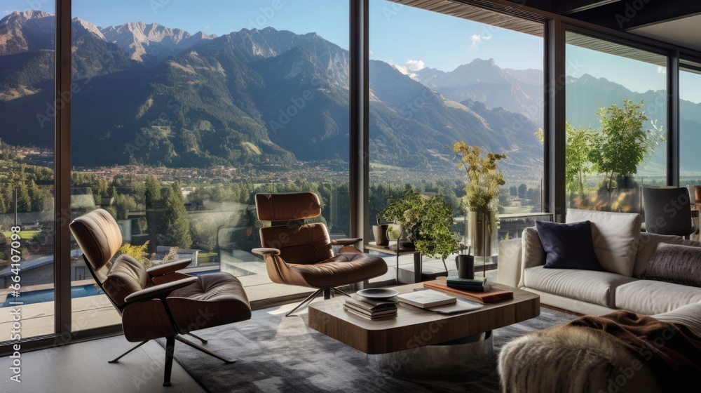 Obraz premium View from modern apartment to breathtaking mountain landscape with vegetation