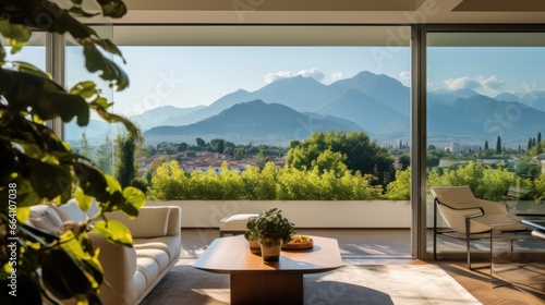 View from modern apartment to breathtaking mountain landscape with vegetation