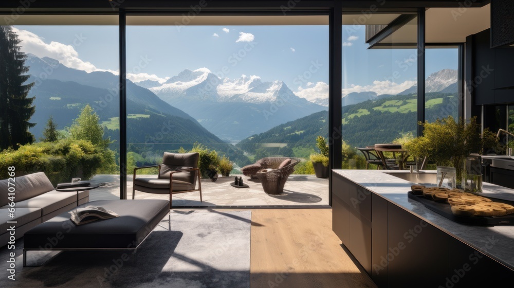 Fototapeta premium View from modern apartment to breathtaking mountain landscape with vegetation