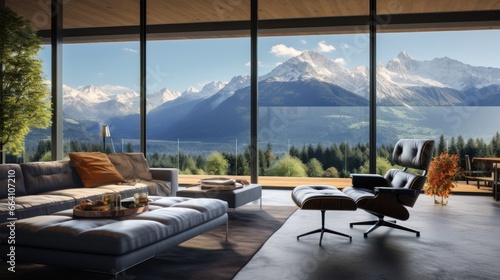 View from modern apartment to breathtaking mountain landscape with vegetation
