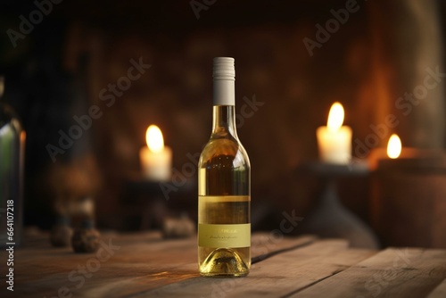 A bottle of white wine on a rustic table with a blurred backdrop. Generative AI