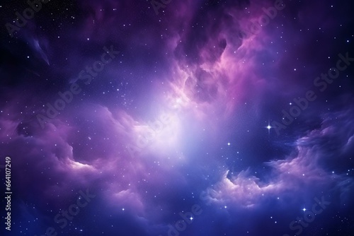 Mesmerizing cosmic scene with a vivid purple nebula and shimmering stars. Generative AI