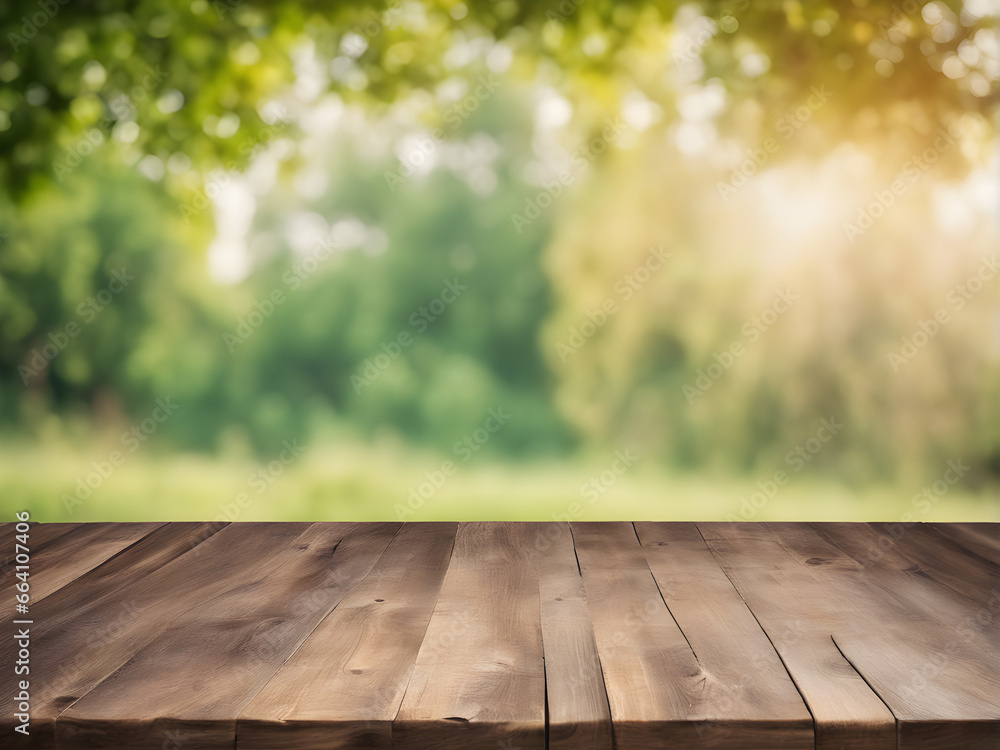 Rustic wooden table and in the background a beautiful out of focus landscape, to use as a background for products