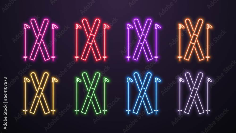 A set of neon ski icons with poles in the colors blue, pink, yellow, red, orange, red and white on a dark background. - obrazy, fototapety, plakaty 
