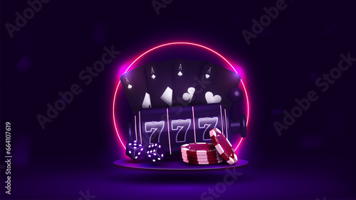 Poker cards, casino slot machine, dice and chips on the podium with a neon pink frame on a purple background.