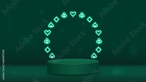 An empty 3D podium with a neon frame of suits of cards for poker diamonds, spades, crosses and hearts on a green background. A concept for a casino.