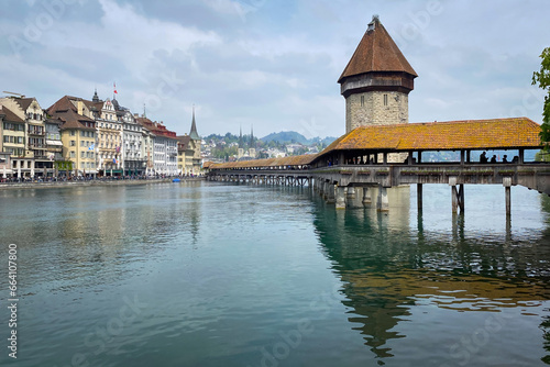 Cityscape of Lucerne, Switzerland with Reuss river, Chapel Bridge and Water Tower © A. Emson