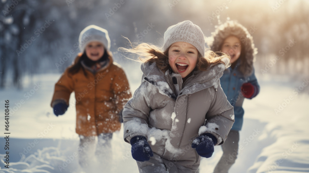 Cheerful children in warm clothes playing on a snowy landscape in winter Cheerful children in warm clothes playing on a snowy landscape in winter