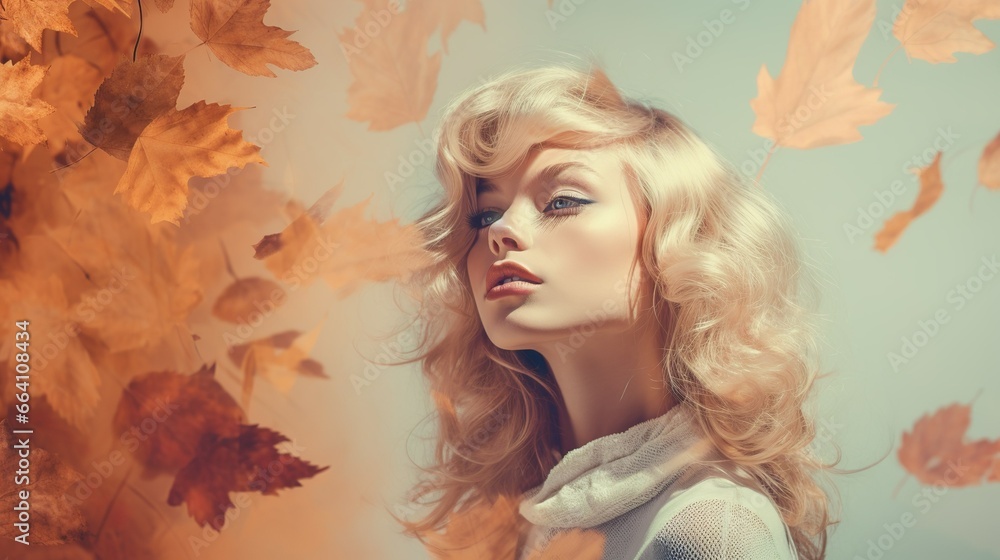 Blonde woman in falling autumn leaves cozy decoration with solid pastel background