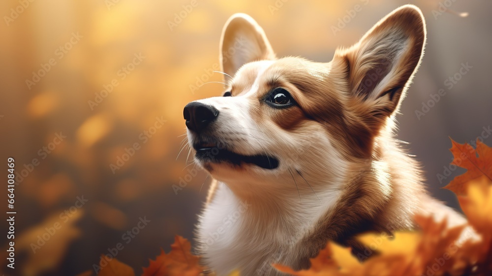 Corgi dog in autumn leaves decoration with solid pastel background
