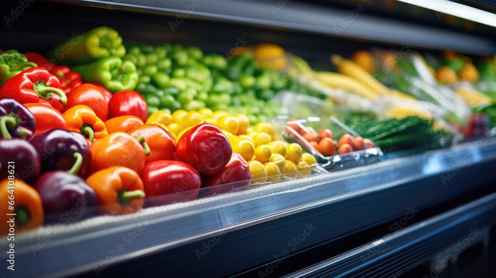 Close up view of fruits and vegetables in the refrigerated shelf of a supermarket