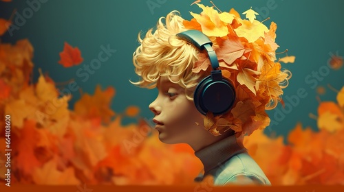 Blonde kid with hair made of autumn leaves wearing a headphone on solid pastel background fall decoration photo