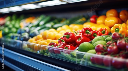 Fototapeta Naklejka Na Ścianę i Meble -  Close up view of fruits and vegetables in the refrigerated shelf of a supermarket