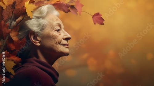 Old woman in autumn decoration resembles aging