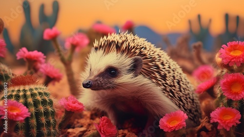 Cute hedgehog in autumn decor scenery with leaves and cactuses fall advertisement photo