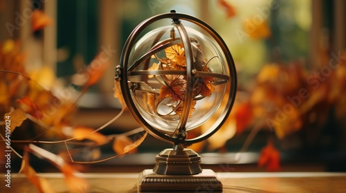 Autumn decoration of brass victorian armillary sphere with leaves inside in the fall