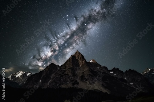 Mesmerizing nighttime view of a majestic mountain set against a sparkling starlit sky. Generative AI