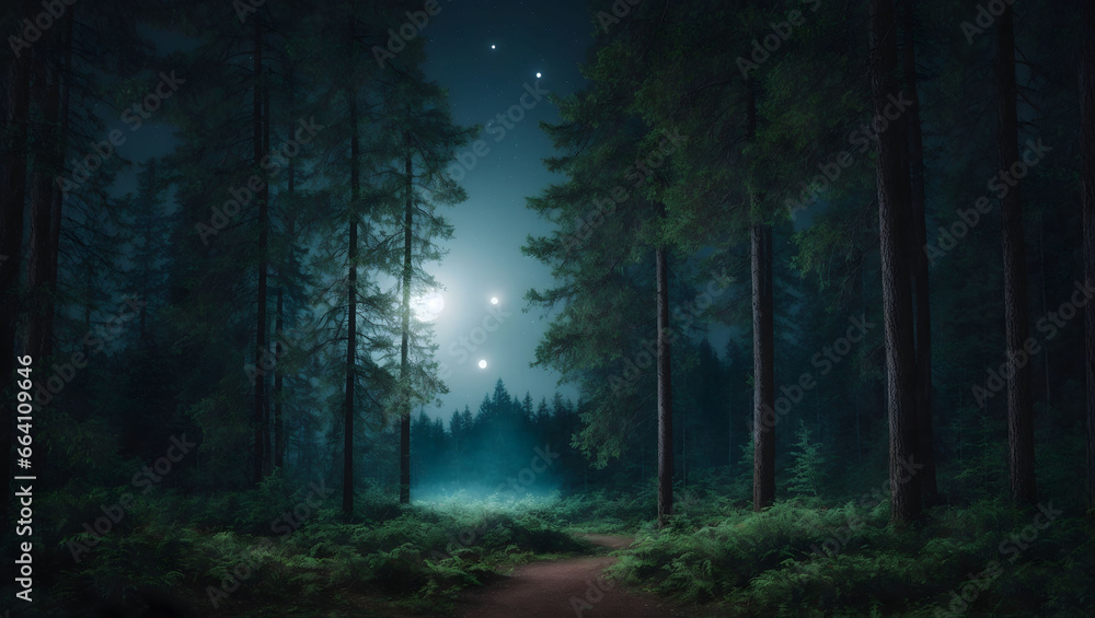 Obraz premium forest at night with moonlight