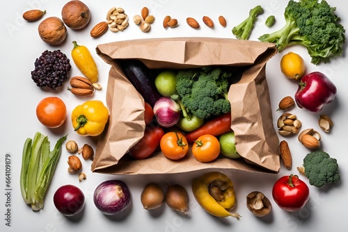 Frisches Gemüse und Obst, Papiertüte mit gesunder Nahrung, Einkaufstasche mit Lebensmitteln photo