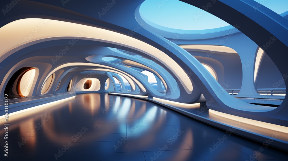 Luxury interior design of a modern building. 3d render of interior of modern office building. 3d illustration
