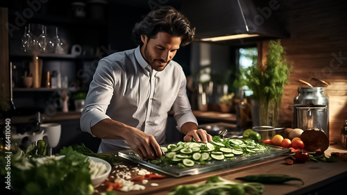 a man cooking food in a modern home kitchen. cutting vegetables on kitchen desk and preparing dish for his family. Generative AI © Shubby Studio