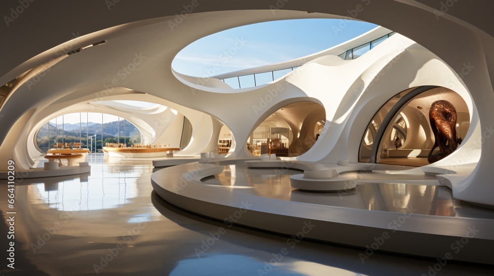 Fototapeta premium Luxury interior design of a modern building. 3d render of interior of modern office building. 3d illustration