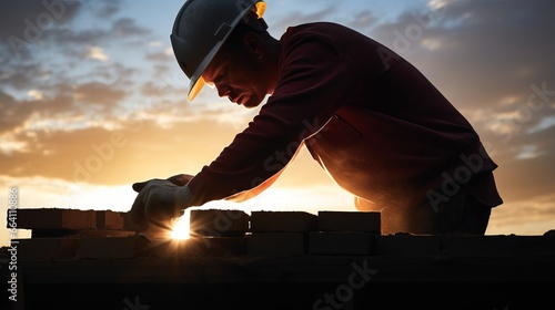 Silhouette construction mason worker bricklayer, construction worker laying bricks and building barbecue in industrial site. photo