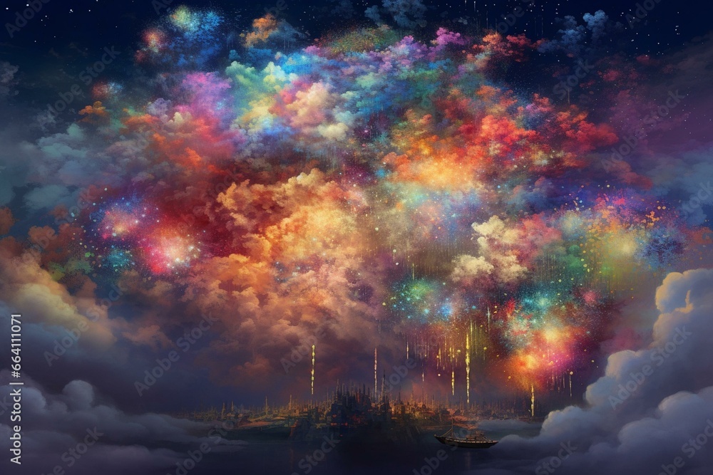 Artistic depiction of colourful fireworks bursting in the sky alongside clouds. Generative AI