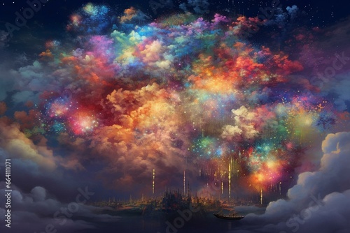 Artistic depiction of colourful fireworks bursting in the sky alongside clouds. Generative AI © Anouk