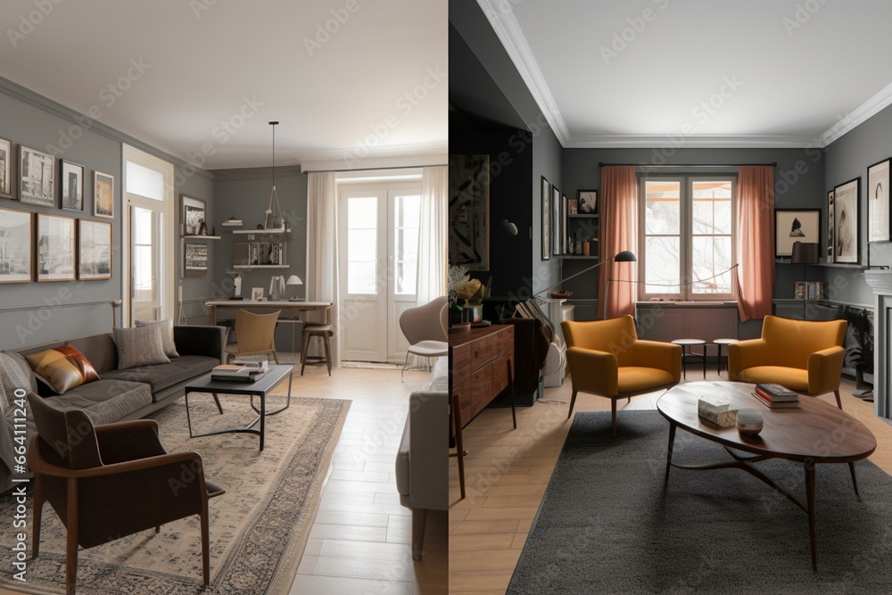Transformation of living room through renovation displayed with 3D illustrations. Generative AI