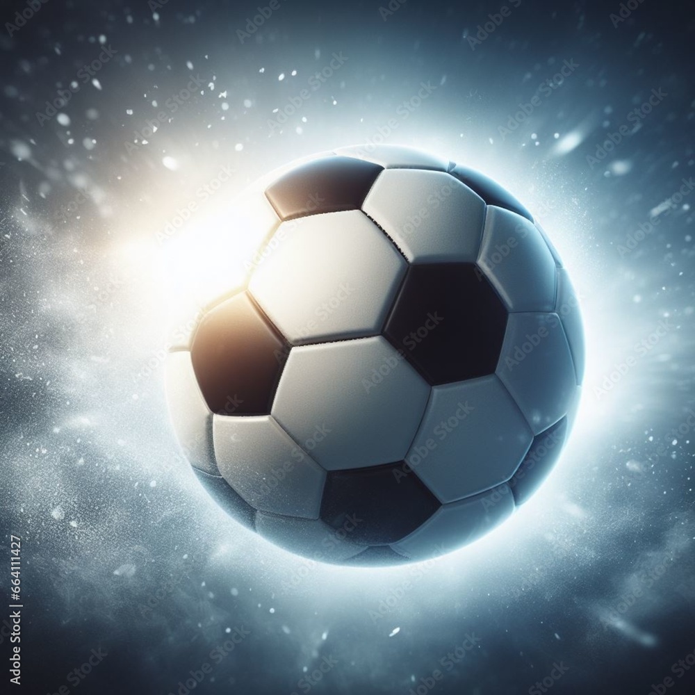 Naklejka premium soccer ball flying in a flash of light, a sparkling flow of space