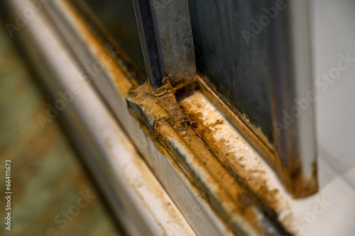 Dirt in the bathroom. Dirt and scale on the shower door. Messy home.