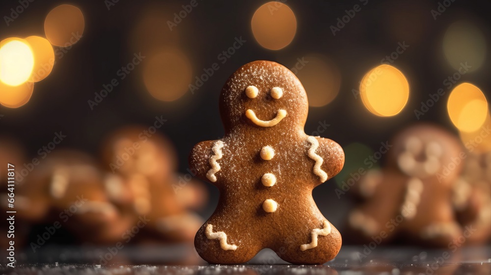 Gingerbread man banner. Festive background with smiling gingerbread man cookies over blurred bokeh background, copy space. Happy winter holidays concept. Merry Christmas and Happy New Year background