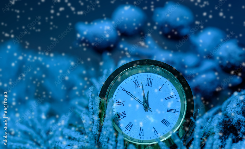Fototapeta premium Happy New Years 2024. Winter Celebration With Dial Clock On Snow And Light